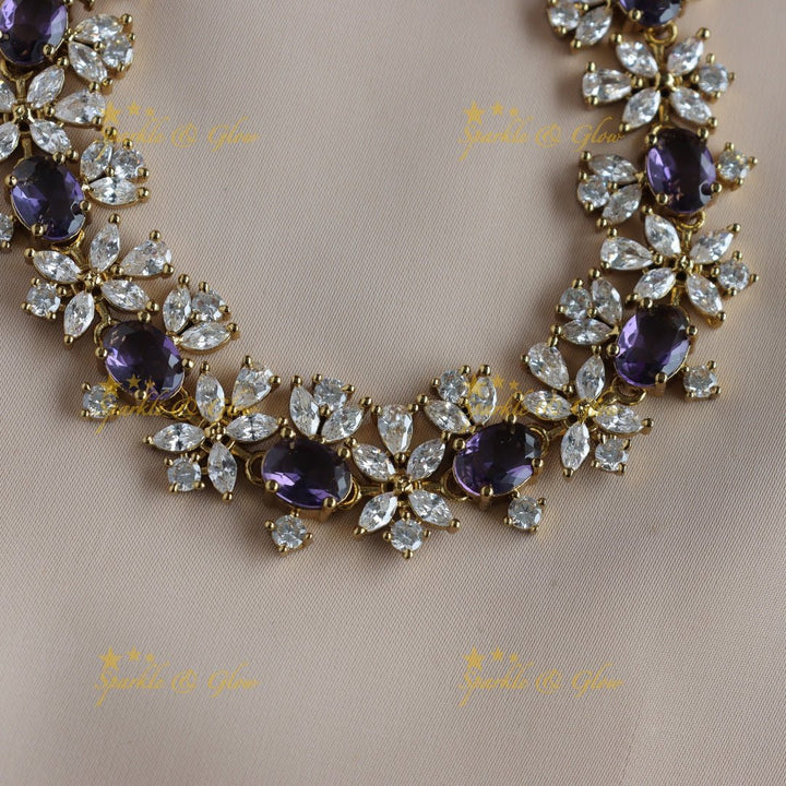 Sparkling Oval stone and floral design AD short necklace - red - Sparkle and Glow - Purple - Back Thread