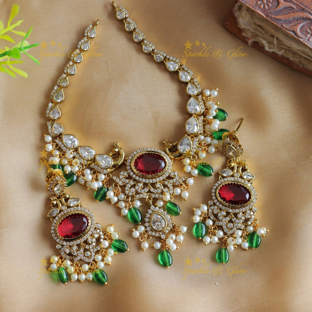 Stunning Peacock design Oval stone AD short necklace with pearls and green beads - red green - Sparkle and Glow - Redgreen - Back Thread