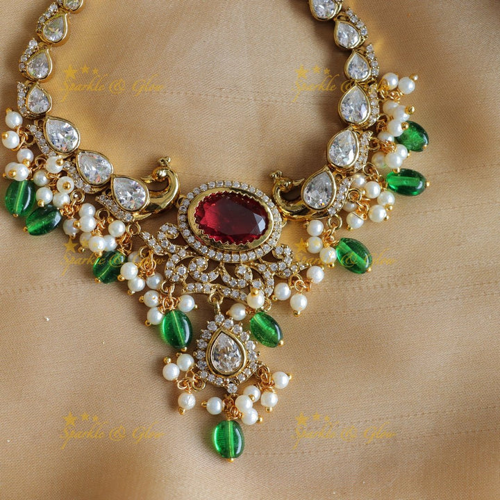 Stunning Peacock design Oval stone AD short necklace with pearls and green beads - red green - Sparkle and Glow - Pinkseablue - Back Thread