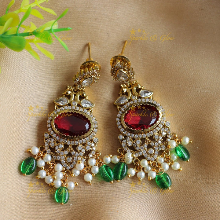 Stunning Peacock design Oval stone AD short necklace with pearls and green beads - red green - Sparkle and Glow - Pinkseablue - Back Thread