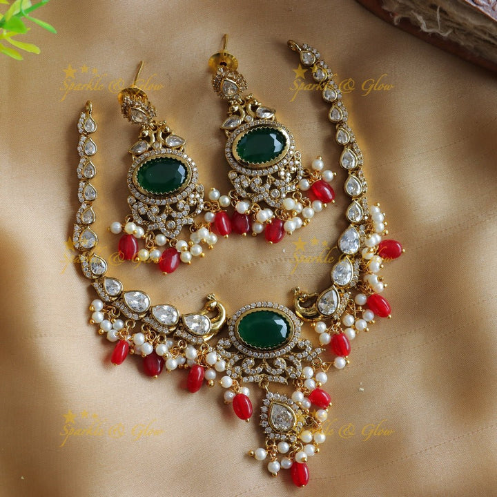 Stunning Peacock design Oval stone AD short necklace with pearls and green beads - red green - Sparkle and Glow - Seabluepink - Back Thread