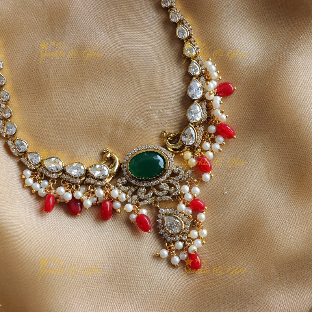 Stunning Peacock design Oval stone AD short necklace with pearls and green beads - red green - Sparkle and Glow - Greenred - Back Thread