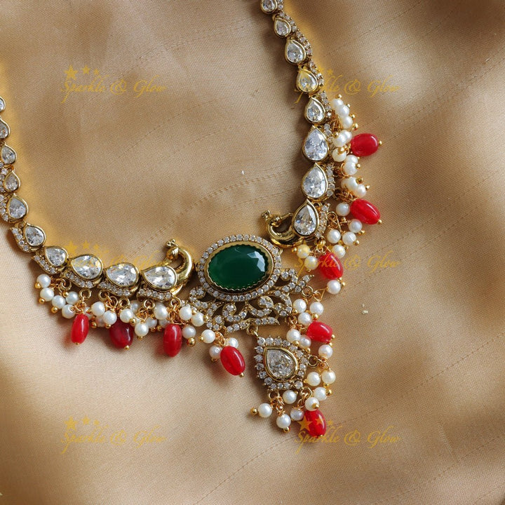 Stunning Peacock design Oval stone AD short necklace with pearls and green beads - red green - Sparkle and Glow - Greenred - Back Thread