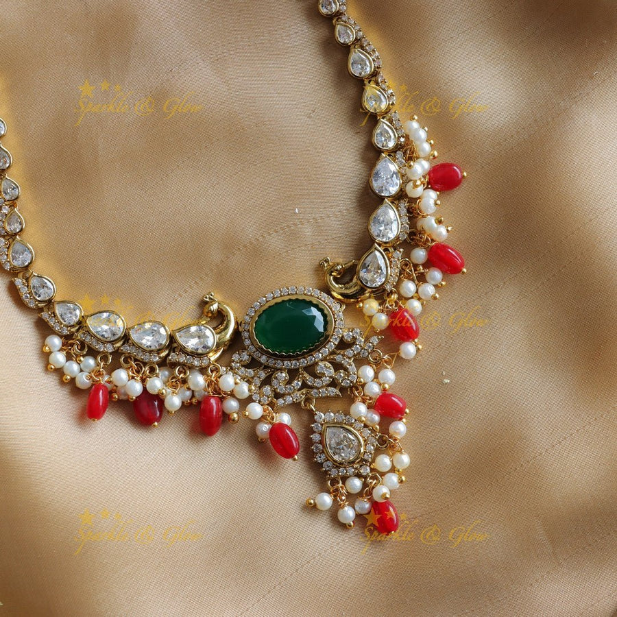 Stunning Peacock design Oval stone AD short necklace with pearls and green beads - red green - Sparkle and Glow - Greenred - Back Thread