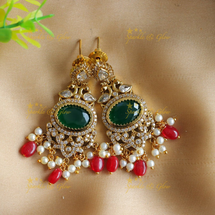Stunning Peacock design Oval stone AD short necklace with pearls and green beads - red green - Sparkle and Glow - Pinkseablue - Back Thread