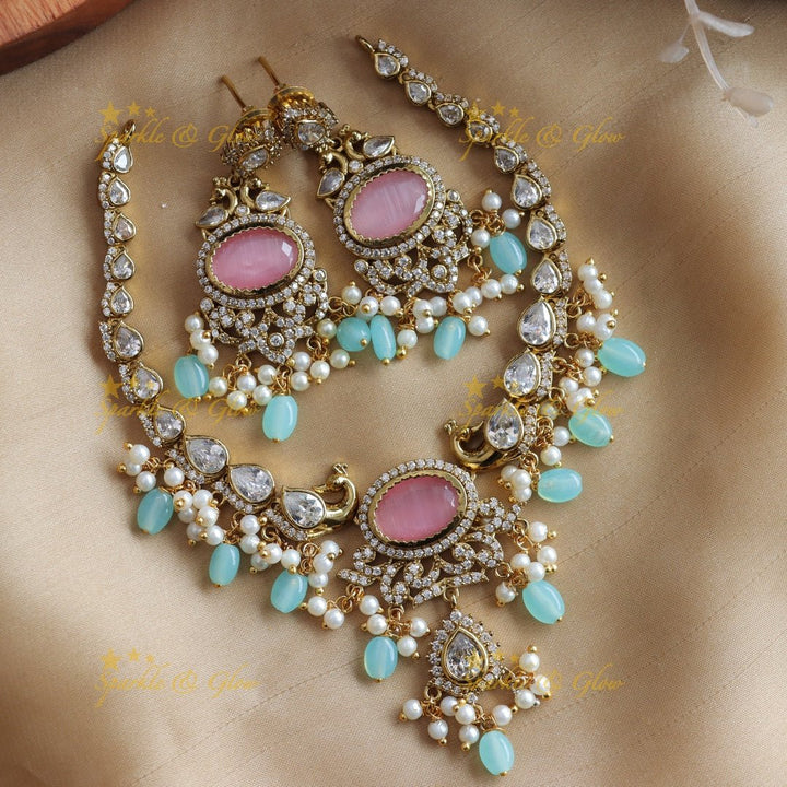 Stunning Peacock design Oval stone AD short necklace with pearls and green beads - red green - Sparkle and Glow - Seabluepink - Back Thread