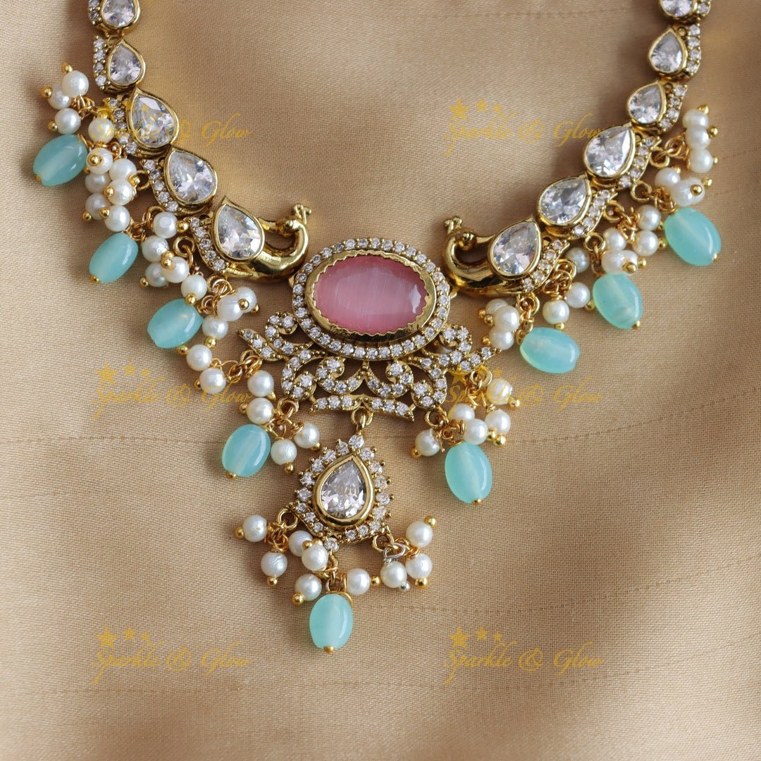 Stunning Peacock design Oval stone AD short necklace with pearls and green beads - red green - Sparkle and Glow - Pinkseablue - Back Thread