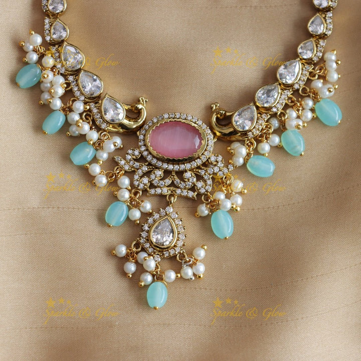 Stunning Peacock design Oval stone AD short necklace with pearls and green beads - red green - Sparkle and Glow - Pinkseablue - Back Thread
