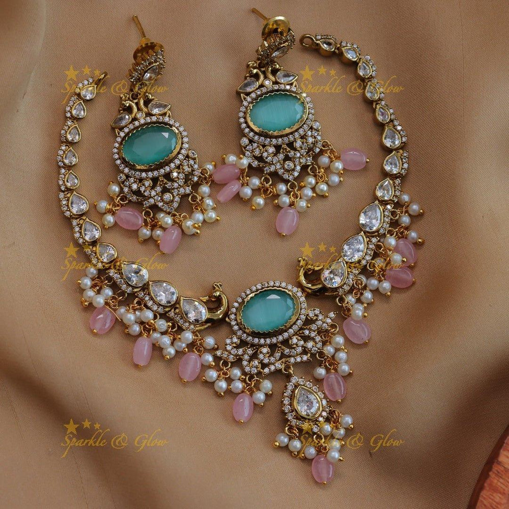 Stunning Peacock design Oval stone AD short necklace with pearls and green beads - red green - Sparkle and Glow