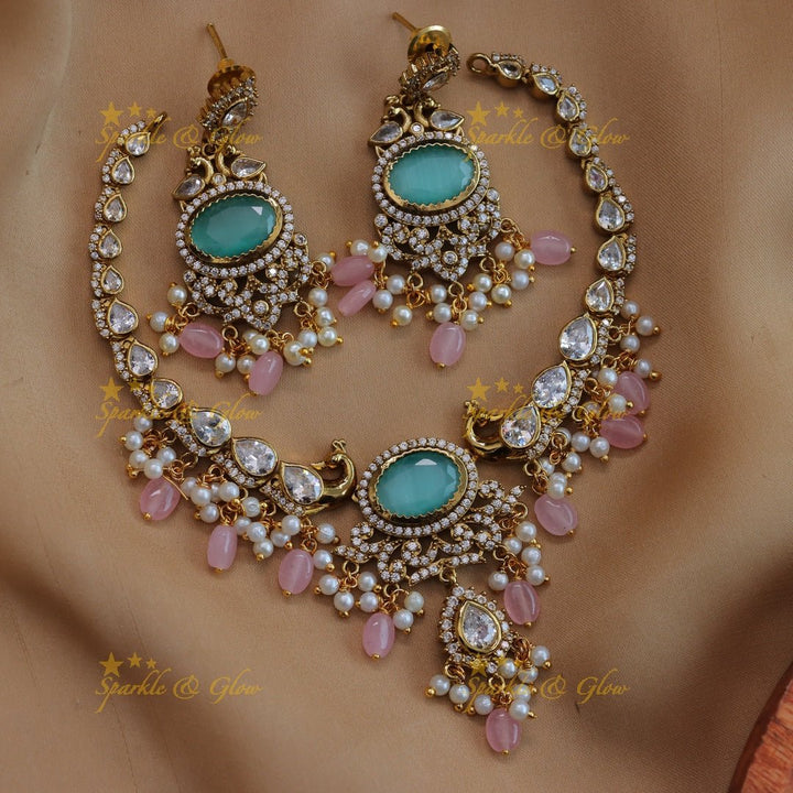 Stunning Peacock design Oval stone AD short necklace with pearls and green beads - red green - Sparkle and Glow - Seabluepink - Back Thread
