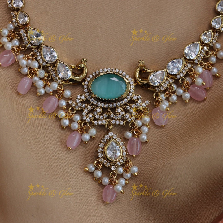 Stunning Peacock design Oval stone AD short necklace with pearls and green beads - red green - Sparkle and Glow - Pinkseablue - Back Thread