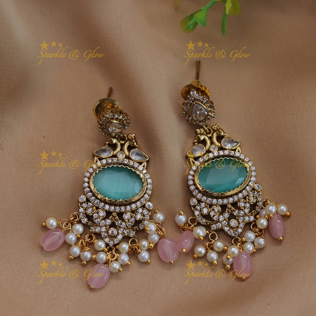 Stunning Peacock design Oval stone AD short necklace with pearls and green beads - red green - Sparkle and Glow - Seabluepink - Back Thread