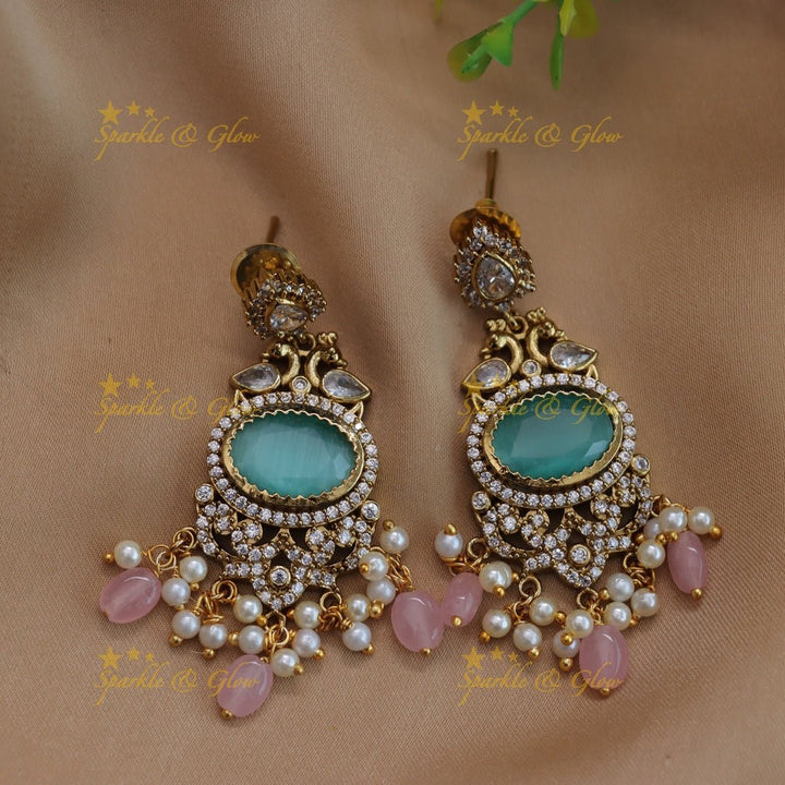 Stunning Peacock design Oval stone AD short necklace with pearls and green beads - red green - Sparkle and Glow - Seabluepink - Back Thread
