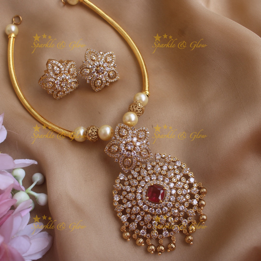 Elegant Star floral pendant Hasli necklace with AD stones