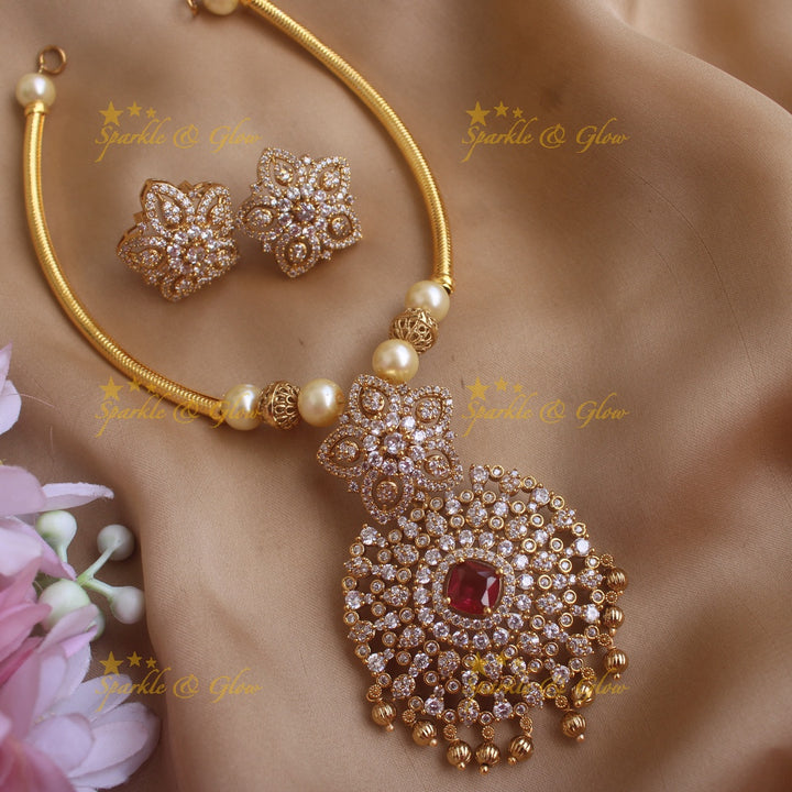 Elegant Star floral pendant Hasli necklace with AD stones