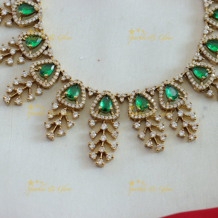 Elegant Triangle and branch design AD short necklace - green - Sparkle and Glow - Green - Back Thread