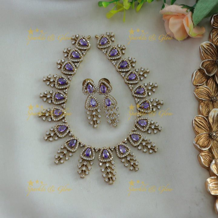 Elegant Triangle and branch design AD short necklace - green - Sparkle and Glow - Purple - Back Thread