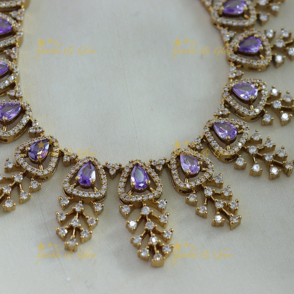 Elegant Triangle and branch design AD short necklace - green - Sparkle and Glow - Purple - Back Thread