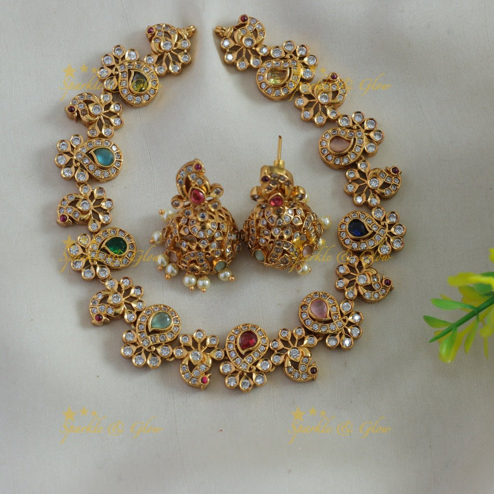 Statement Peacock floral design AD short necklace with multi colour stone - multi - Sparkle and Glow - Multi - Back Thread