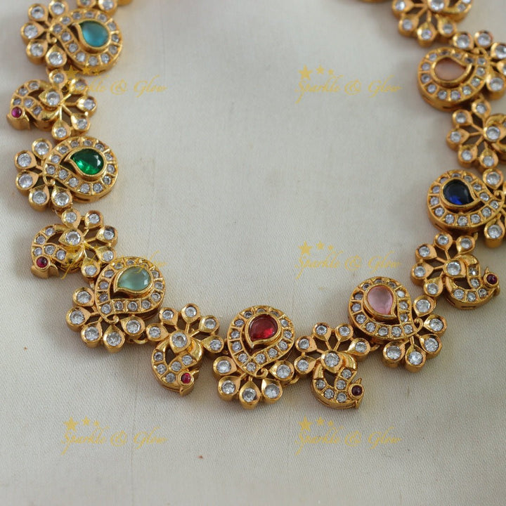 Statement Peacock floral design AD short necklace with multi colour stone - multi - Sparkle and Glow - Redgreen - Back Thread