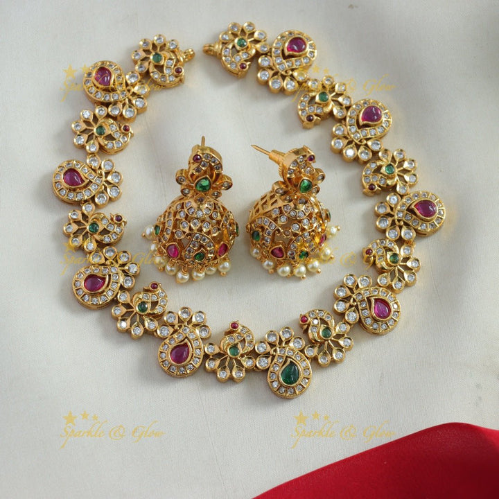 Statement Peacock floral design AD short necklace with multi colour stone - multi - Sparkle and Glow - Redgreen - Back Thread