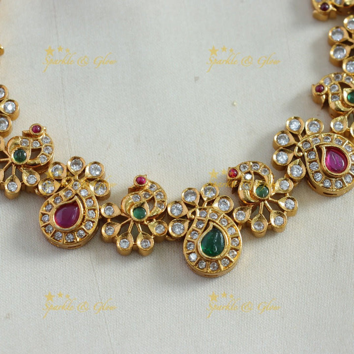 Statement Peacock floral design AD short necklace with multi colour stone - multi - Sparkle and Glow - Multi - Back Thread