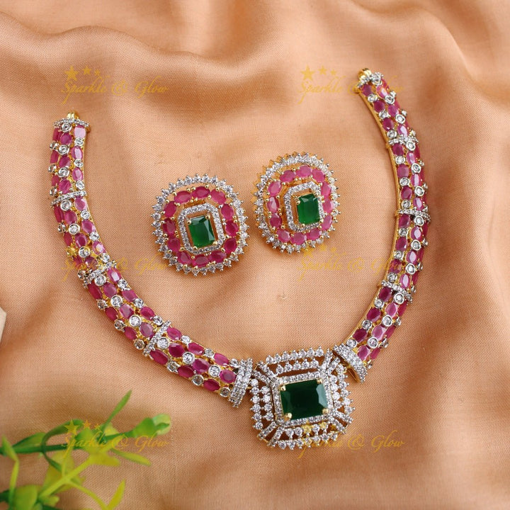Beautiful Square stone AD short necklace with ruby and emerald - pink green - Sparkle and Glow - Pinkgreen - Back Thread