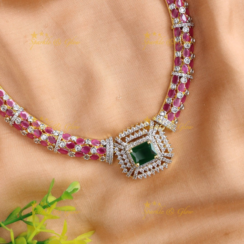 Beautiful Square stone AD short necklace with ruby and emerald - pink green - Sparkle and Glow - Pinkgreen - Back Thread