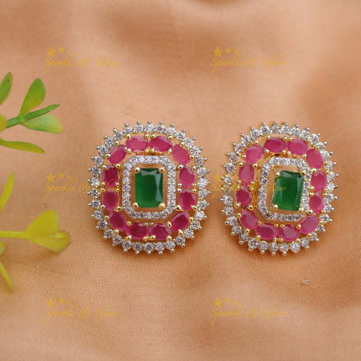 Beautiful Square stone AD short necklace with ruby and emerald - pink green - Sparkle and Glow - Pinkgreen - Back Thread