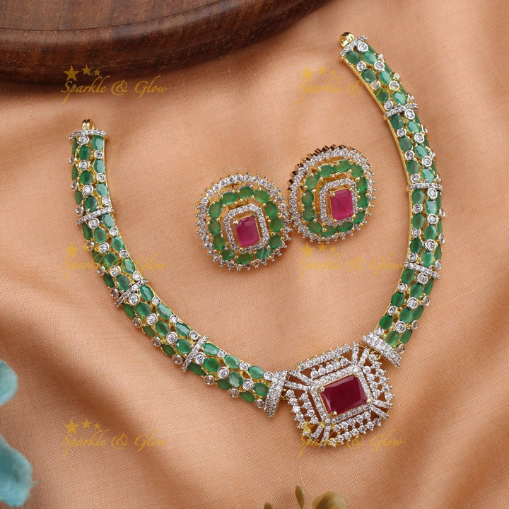 Beautiful Square stone AD short necklace with ruby and emerald - pink green - Sparkle and Glow - Greenpink - Back Thread