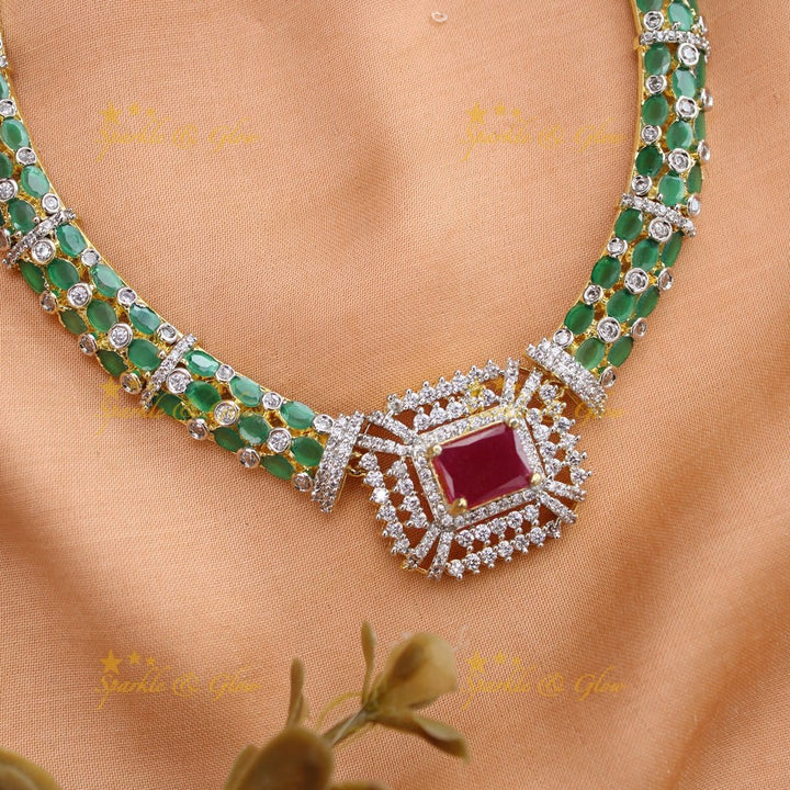 Beautiful Square stone AD short necklace with ruby and emerald - pink green - Sparkle and Glow - Pinkgreen - Back Thread
