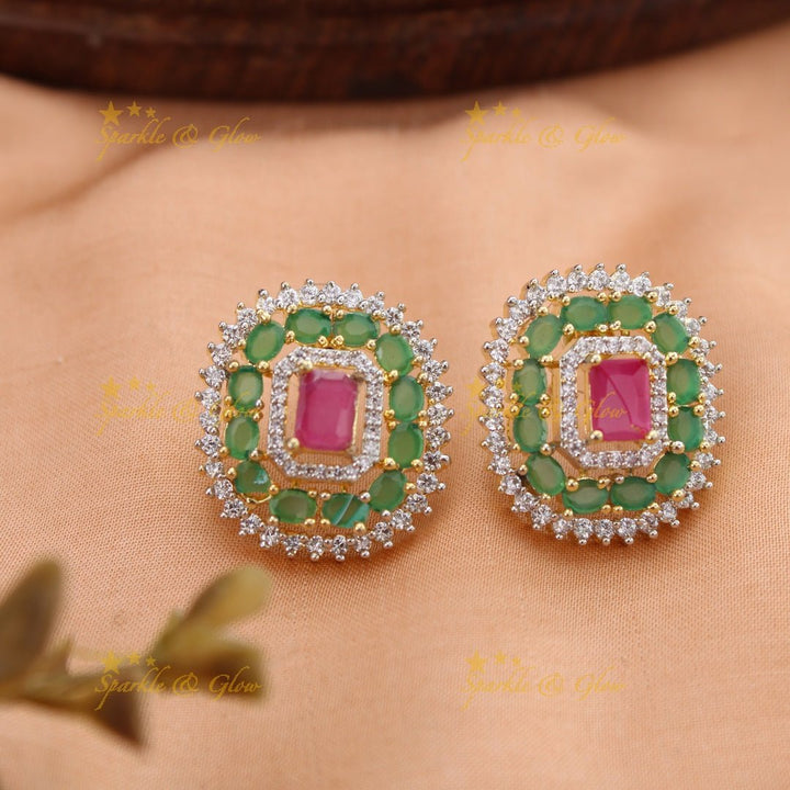 Beautiful Square stone AD short necklace with ruby and emerald - pink green - Sparkle and Glow - Greenpink - Back Thread