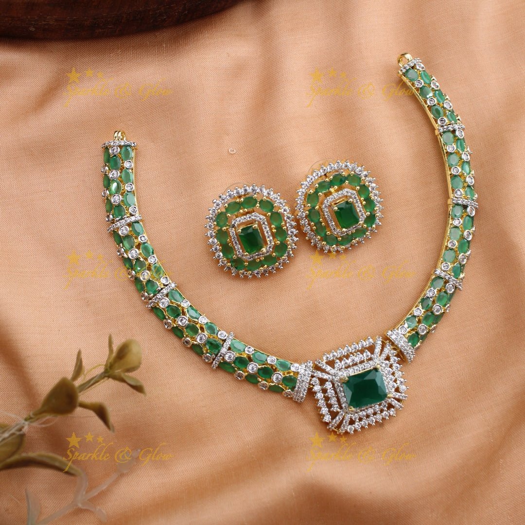 Beautiful Square stone AD short necklace with ruby and emerald - pink green - Sparkle and Glow - Green - Back Thread