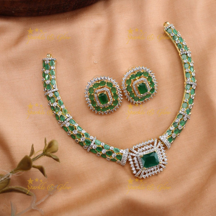Beautiful Square stone AD short necklace with ruby and emerald - pink green - Sparkle and Glow - Green - Back Thread