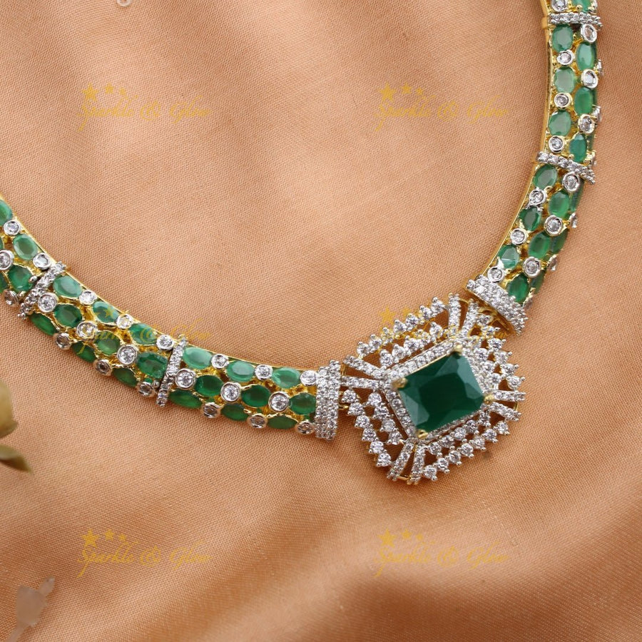 Beautiful Square stone AD short necklace with ruby and emerald - pink green - Sparkle and Glow - Pinkgreen - Back Thread