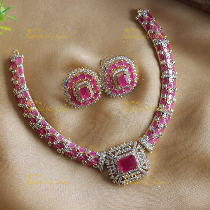 Beautiful Square stone AD short necklace with ruby and emerald - pink green - Sparkle and Glow - Pink - Back Thread