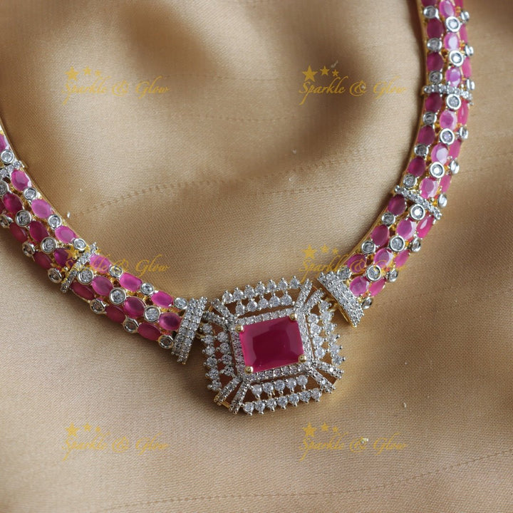 Beautiful Square stone AD short necklace with ruby and emerald - pink green - Sparkle and Glow - Green - Back Thread