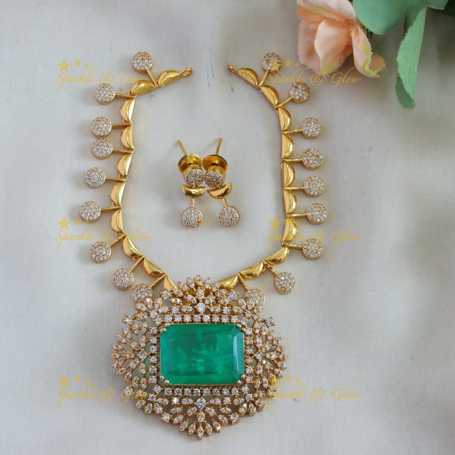 Sparkling Floral design rectangle stone AD short necklace with stone drops - green - Sparkle and Glow - Green - Back Thread