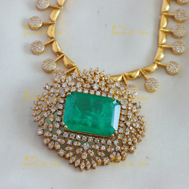 Sparkling Floral design rectangle stone AD short necklace with stone drops - green - Sparkle and Glow - Green - Back Thread