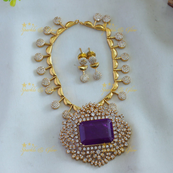 Sparkling Floral design rectangle stone AD short necklace with stone drops - green - Sparkle and Glow - Purple - Back Thread