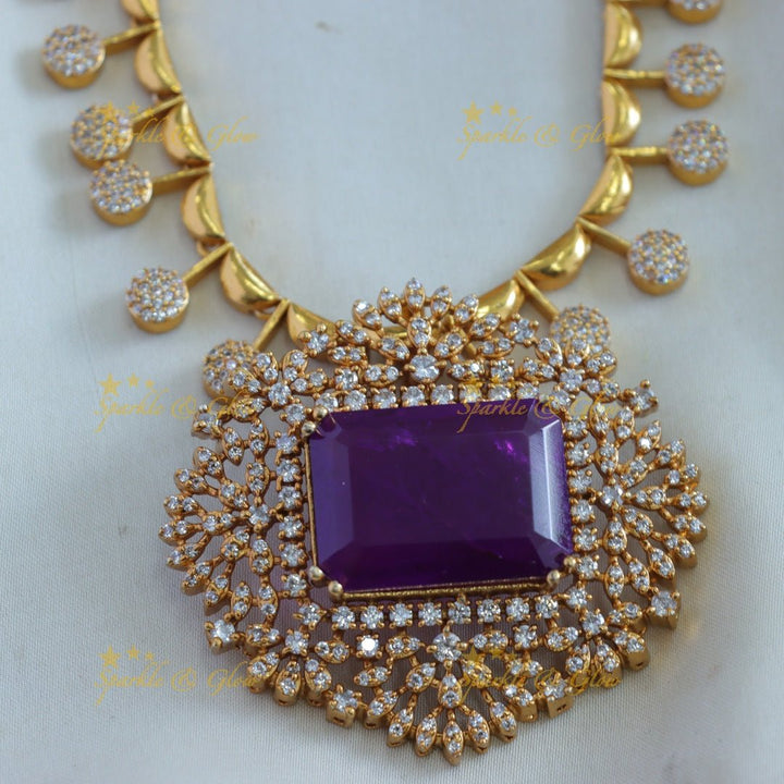 Sparkling Floral design rectangle stone AD short necklace with stone drops - green - Sparkle and Glow - Purple - Back Thread