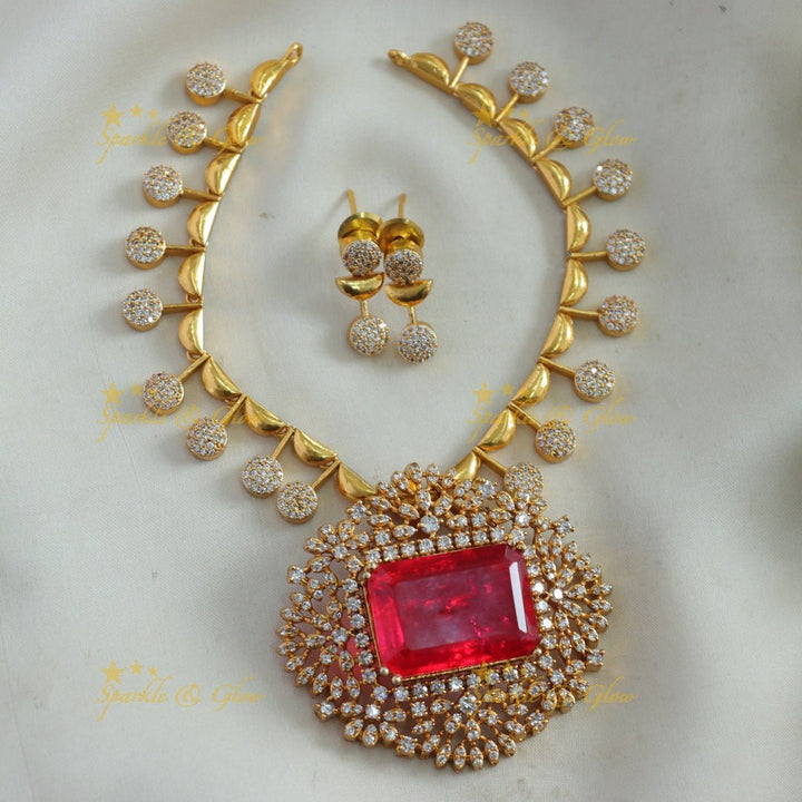 Sparkling Floral design rectangle stone AD short necklace with stone drops - green - Sparkle and Glow - Red - Back Thread