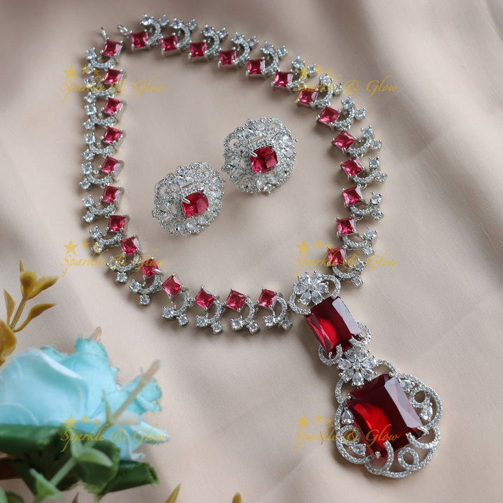 Glittering Floral design Square stone AD short necklace with emeralds - green - Sparkle and Glow - Red - Back Thread