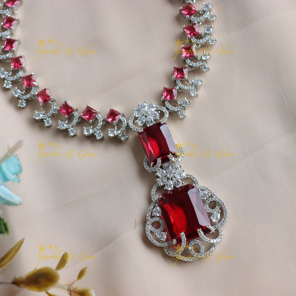 Glittering Floral design Square stone AD short necklace with emeralds - green - Sparkle and Glow - Blue - Back Thread