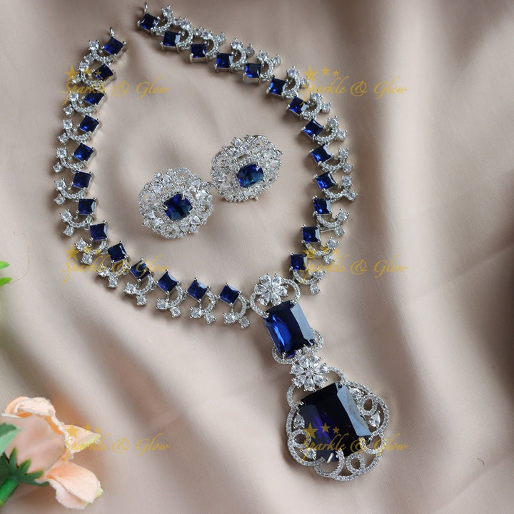 Glittering Floral design Square stone AD short necklace with emeralds - green - Sparkle and Glow - Purple - Back Thread