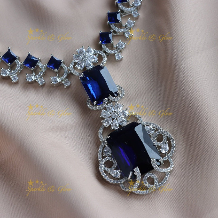 Glittering Floral design Square stone AD short necklace with emeralds - green - Sparkle and Glow - Blue - Back Thread