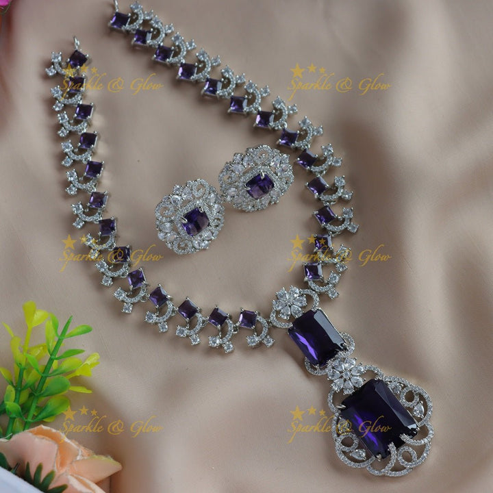 Glittering Floral design Square stone AD short necklace with emeralds - green - Sparkle and Glow - Purple - Back Thread