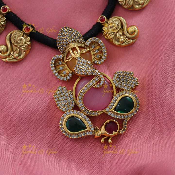 Beautiful Ganesha mango design black thread short necklace with multi colour stones