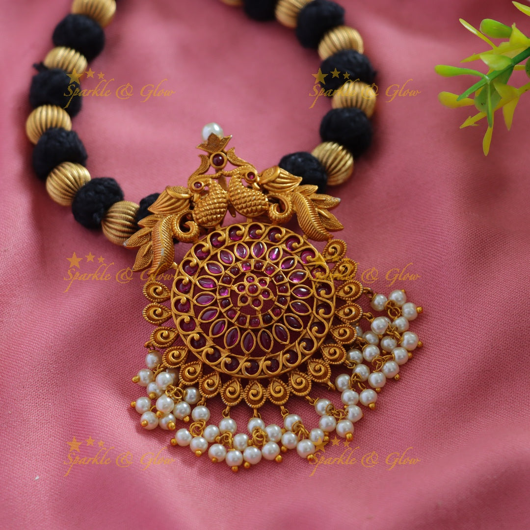 Stunning Peacock floral pendant black thread short necklace with ruby pearls and gold beads