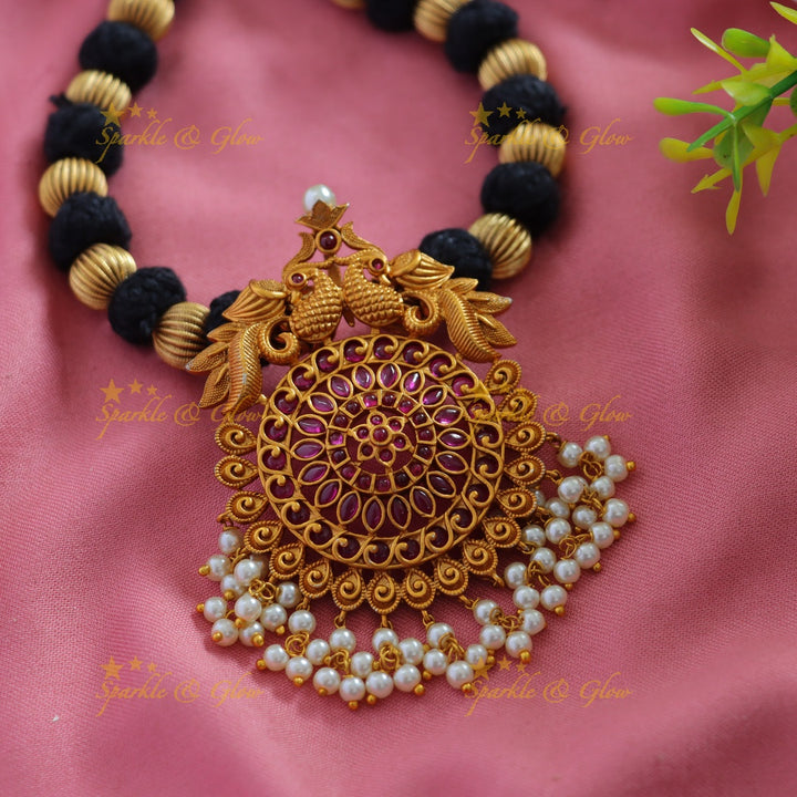 Stunning Peacock floral pendant black thread short necklace with ruby pearls and gold beads